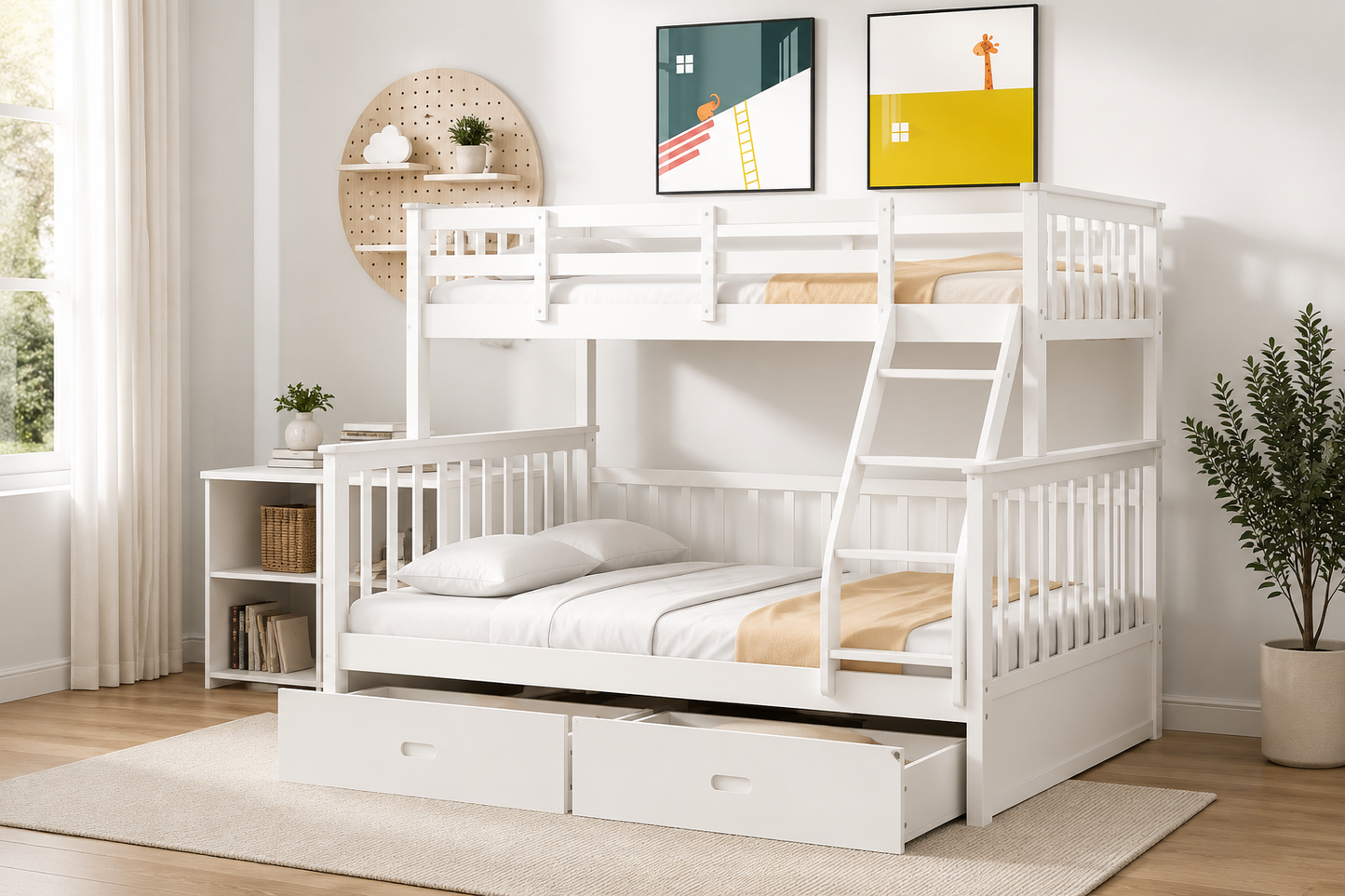 HR20001 White Twin over Full Wood Bunk Bed with built-in storage drawers and convertible design.