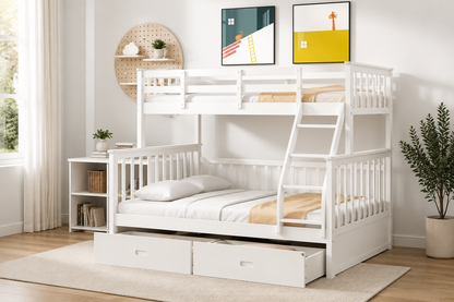 HR20001 White Twin over Full Wood Bunk Bed with built-in storage drawers and convertible design.
