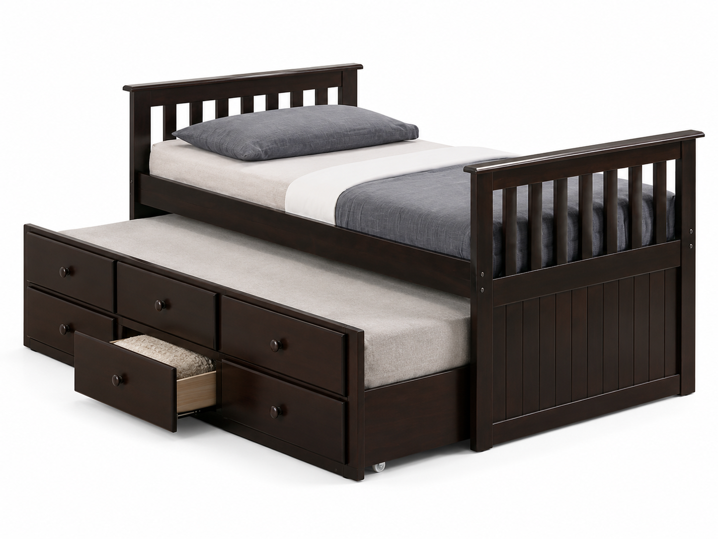 HR2100 Solid Wood Captain's Daybed in Espresso with pull-out trundle and three storage drawers.