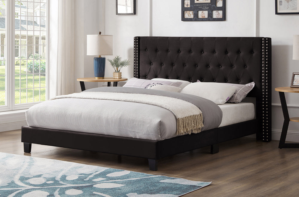 HR2109 Upholstered Platform Bed in Black Velvet with a button-tufted headboard and decorative nailhead trim.