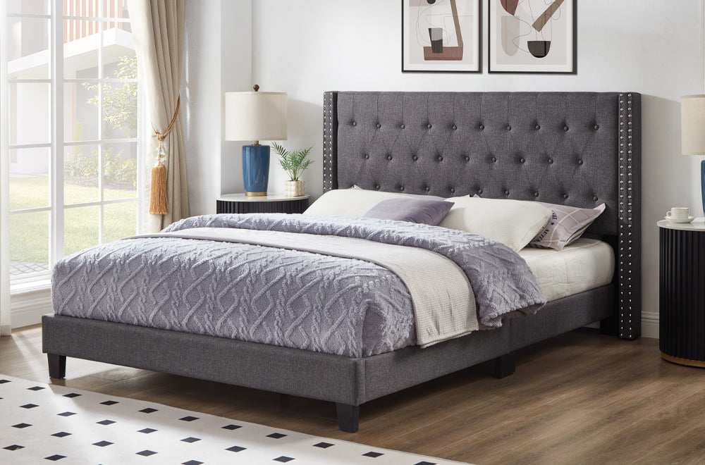 HR2109 Upholstered Platform Bed in Grey Linen with a button-tufted headboard and decorative nailhead trim.