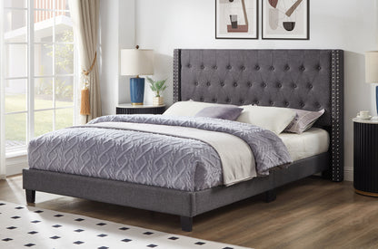 HR2109 Upholstered Platform Bed in Grey Linen with a button-tufted headboard and decorative nailhead trim.