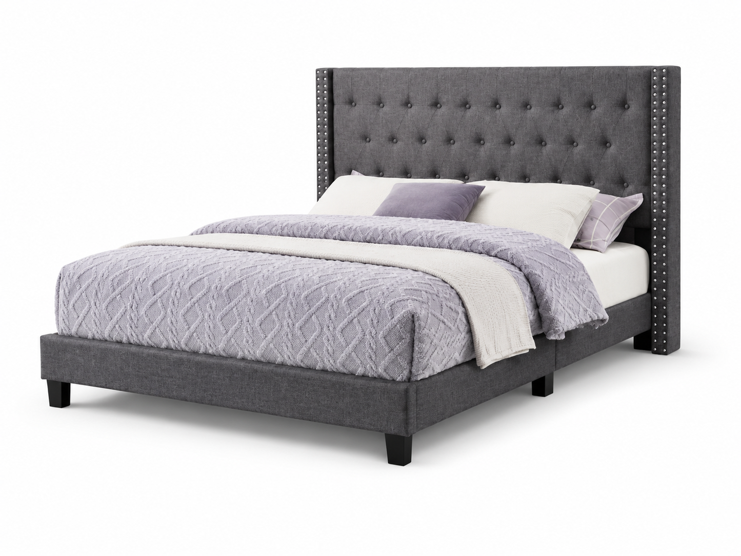 HR2109 Upholstered Platform Bed in Grey Linen with a button-tufted headboard and decorative nailhead trim.