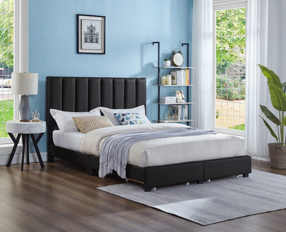 HR2120 Storage Platform Bed in Black Leatherette with adjustable tufted headboard and two front storage drawers.