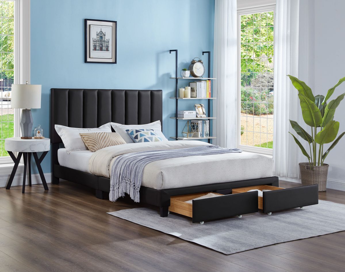 HR2120 Black Storage Platform Bed showing two spacious front storage drawers.