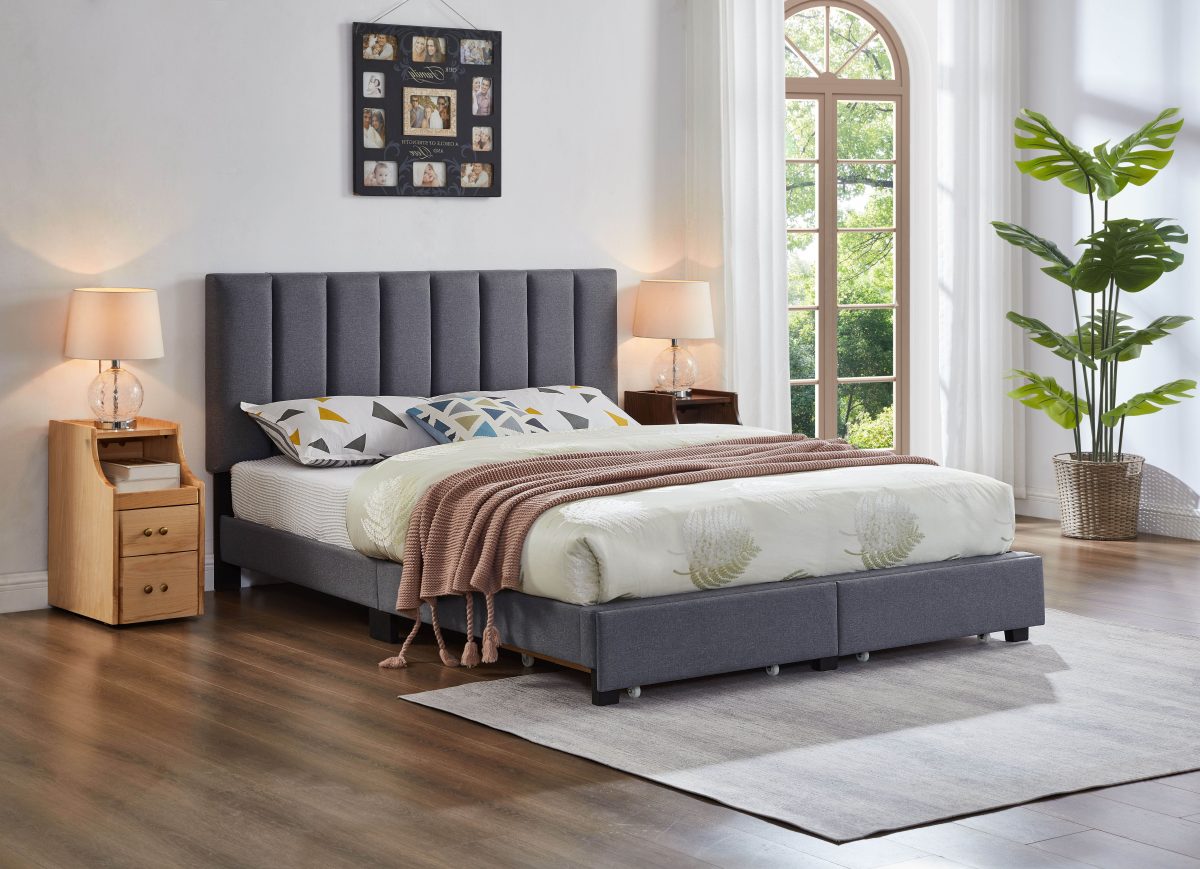 HR2120 Storage Platform Bed in Grey Linen with adjustable tufted headboard and two front storage drawers.