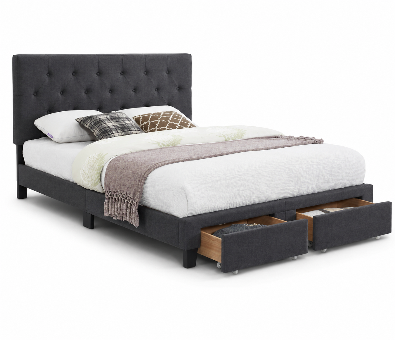 HR2125 Charcoal Linen Storage Platform Bed showing two spacious front storage drawers.