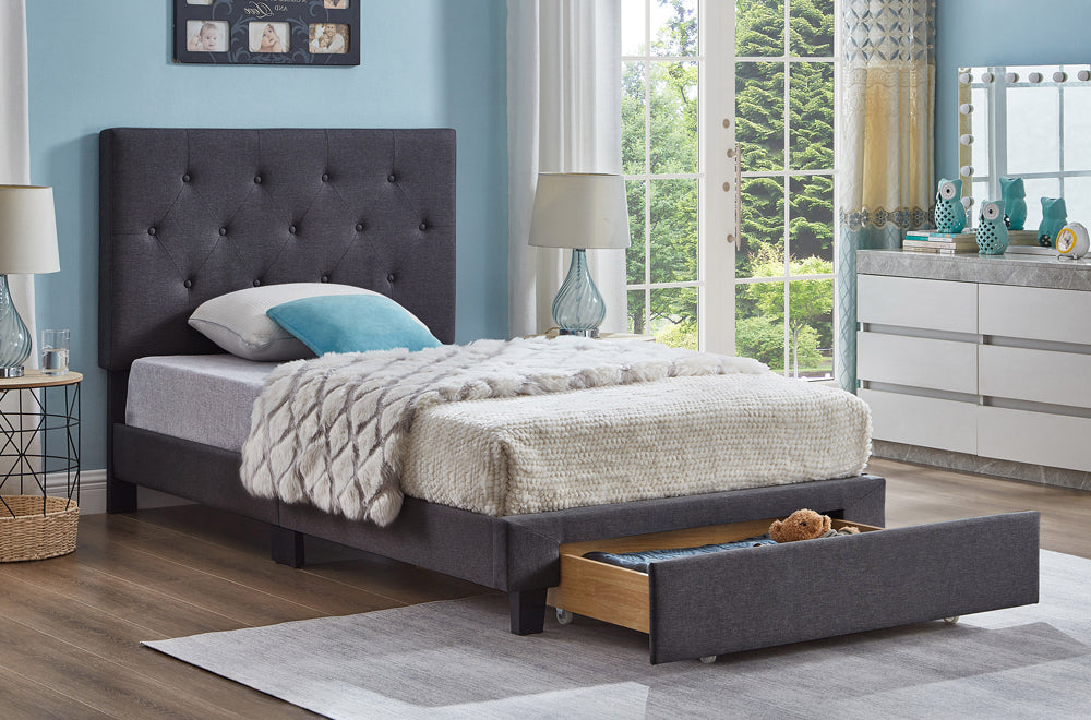 HR2125 Charcoal Linen Storage Platform Bed showing two spacious front storage drawers.