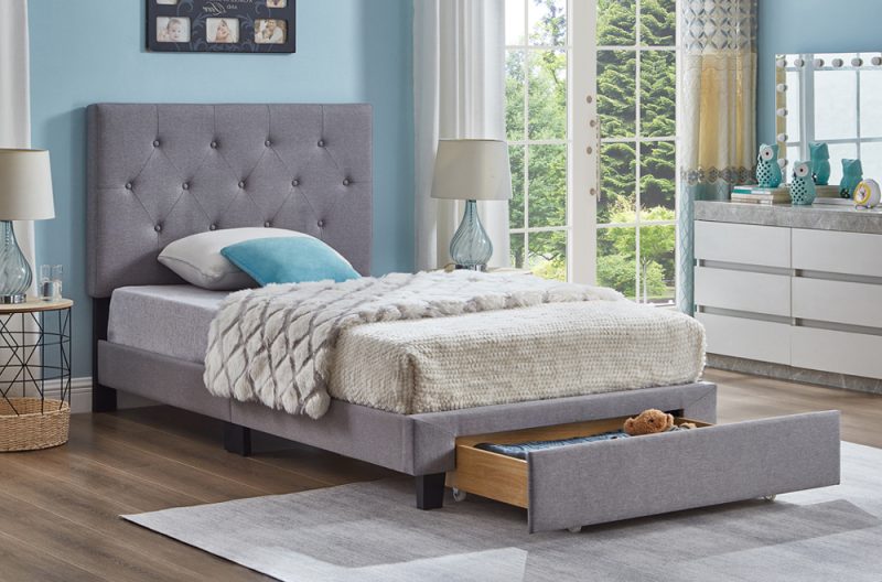 HR2125 Grey Linen Storage Platform Bed showing two spacious front storage drawers.