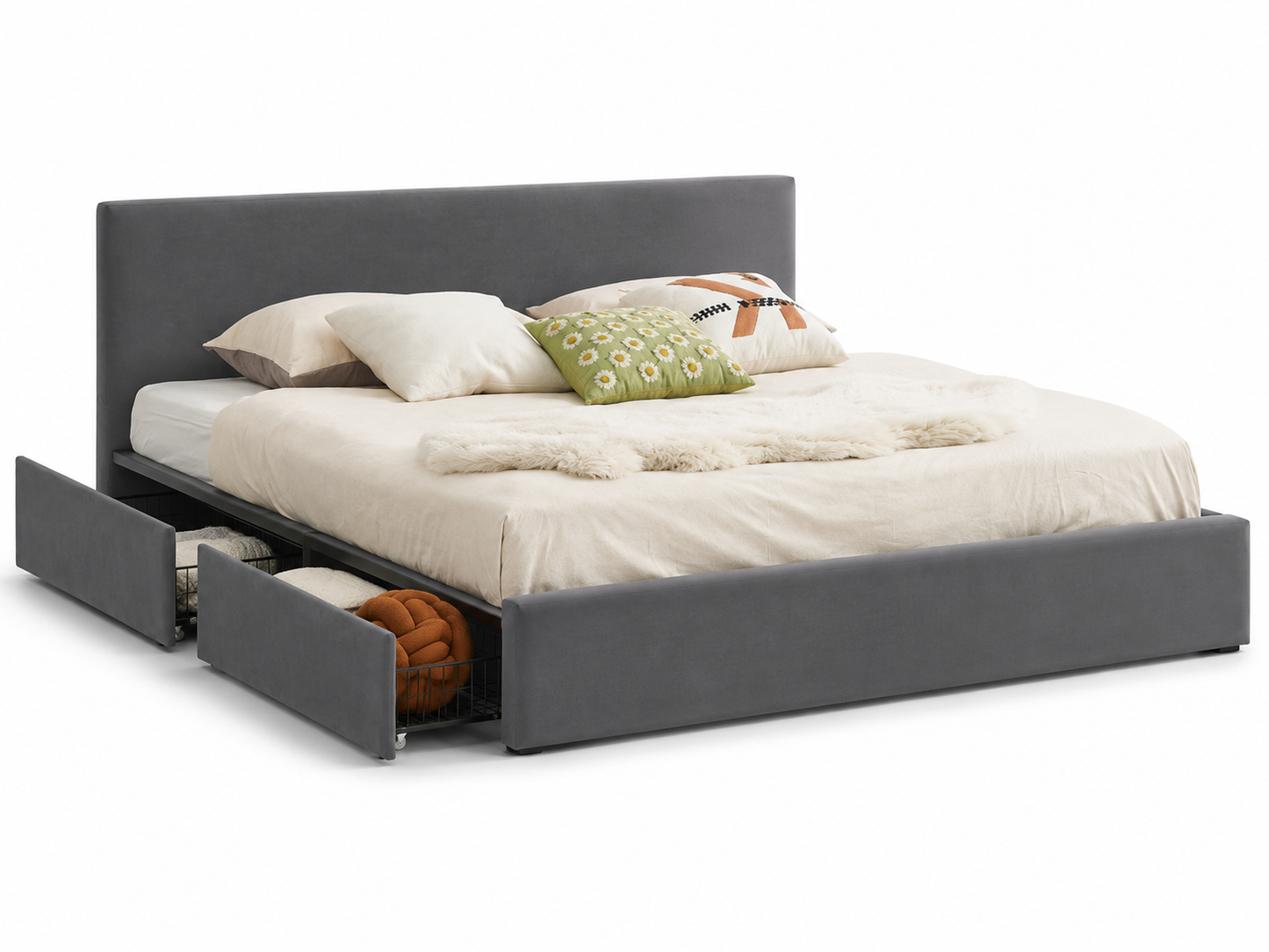 HR2128 Velvet Storage Platform Bed in Grey with four pull-out storage drawers and a modern upholstered design.