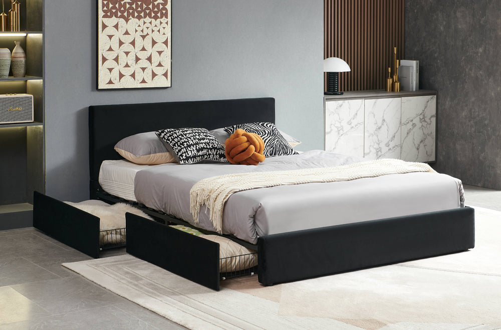 HR2128 Velvet Storage Platform Bed in Black with four pull-out storage drawers and a modern upholstered design.