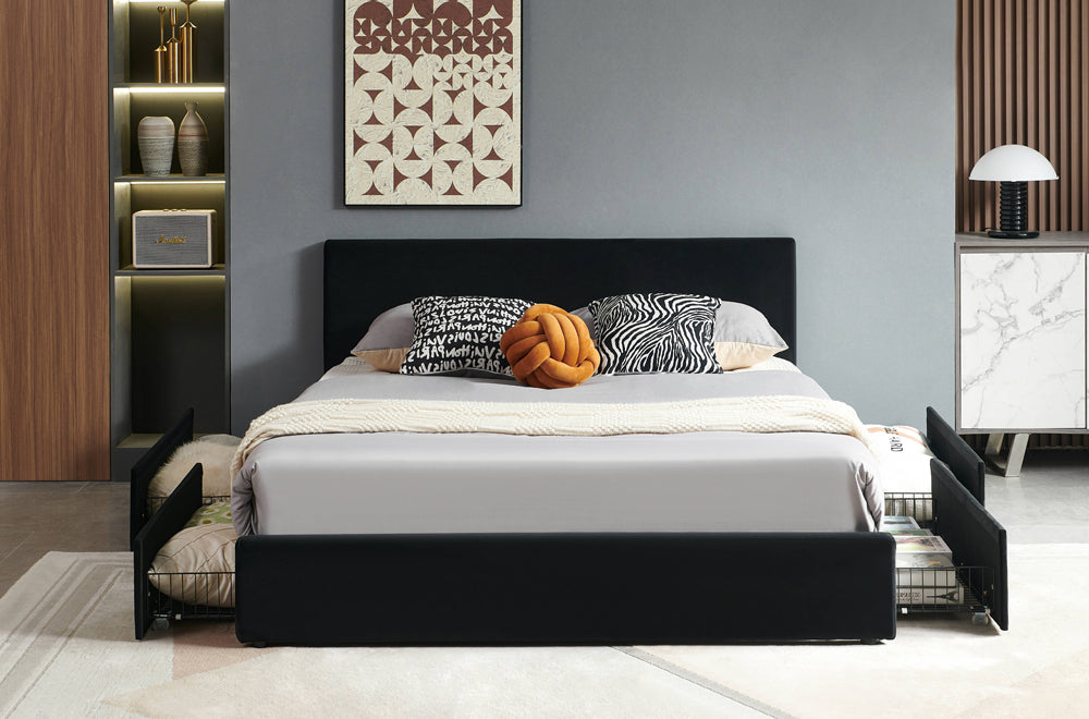 HR2128 Black Velvet Storage Platform Bed showing four pull-out storage drawers for organized bedroom storage.