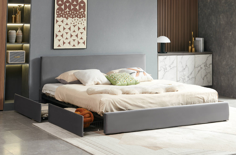 HR2128 Velvet Storage Platform Bed in Grey with four pull-out storage drawers and a modern upholstered design.