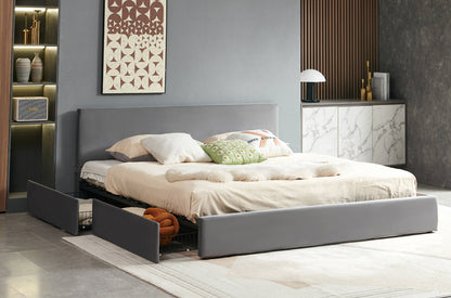 HR2128 Velvet Storage Platform Bed in Grey with four pull-out storage drawers and a modern upholstered design.