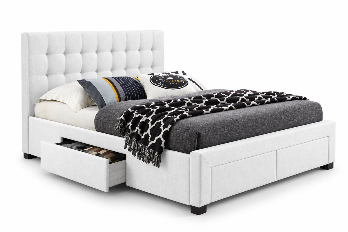 HR2152 White Linen Upholstered Storage Platform Bed