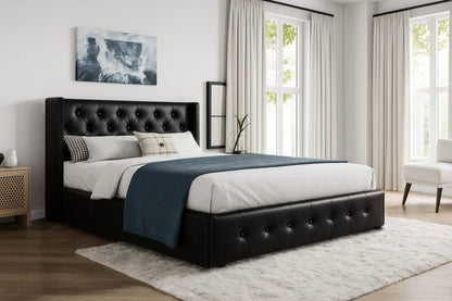 HR2162 Hydraulic Storage Platform Bed in Black Leatherette with button-tufted wingback headboard and hydraulic lift-up storage.