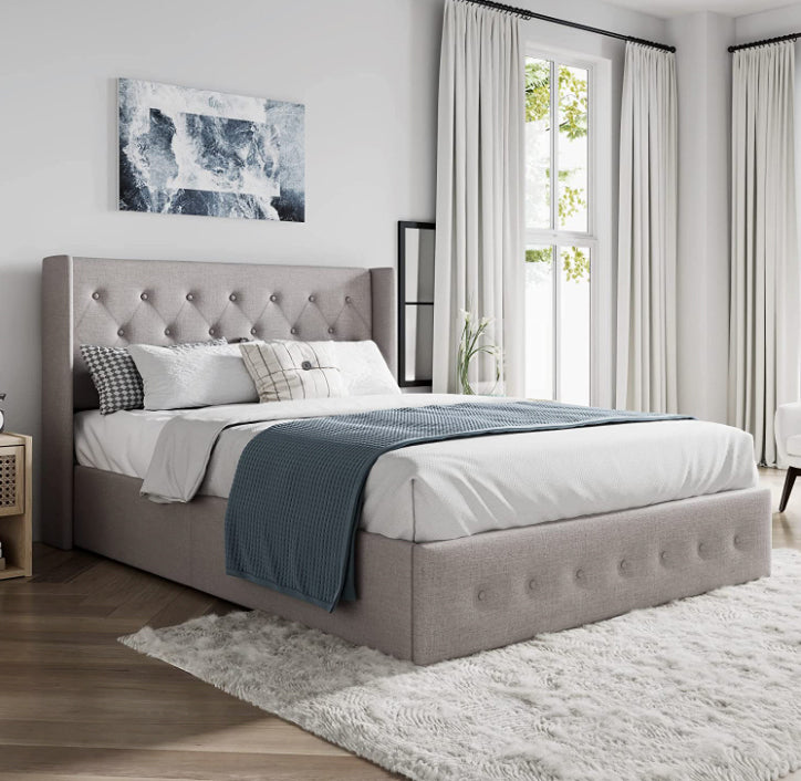 HR2162 Hydraulic Storage Platform Bed in Grey Linen with button-tufted wingback headboard and hydraulic lift-up storage.