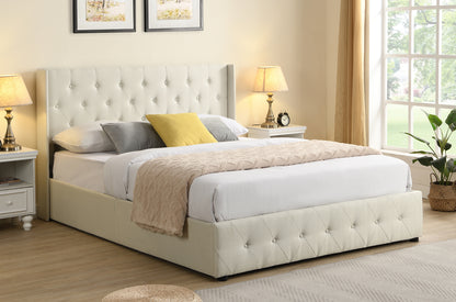 HR2162 Hydraulic Storage Platform Bed in Off-White Linen with button-tufted wingback headboard and hydraulic lift-up storage.
