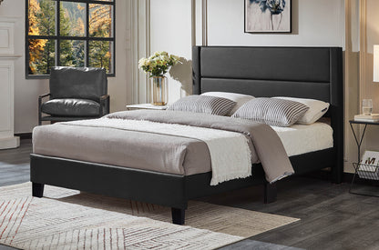 HR2175 black leatherette platform bed with deep horizontal channel tufted headboard
