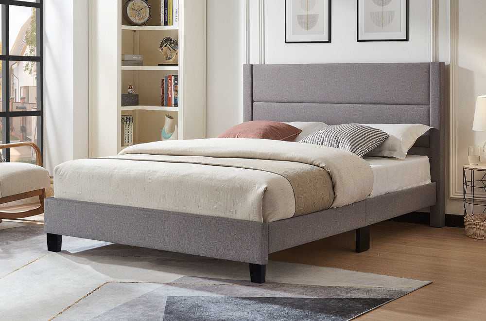 HR2175 grey leatherette platform bed with deep horizontal channel tufted headboard