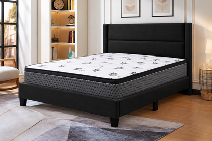 HR2175 Black Channel-Tufted Upholstered Bed with Mattress, Modern Headboard and Matching Bed Frame