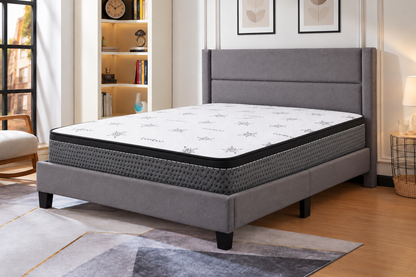 HR2175 Grey Channel-Tufted Upholstered Bed with Mattress, Modern Headboard and Matching Bed Frame