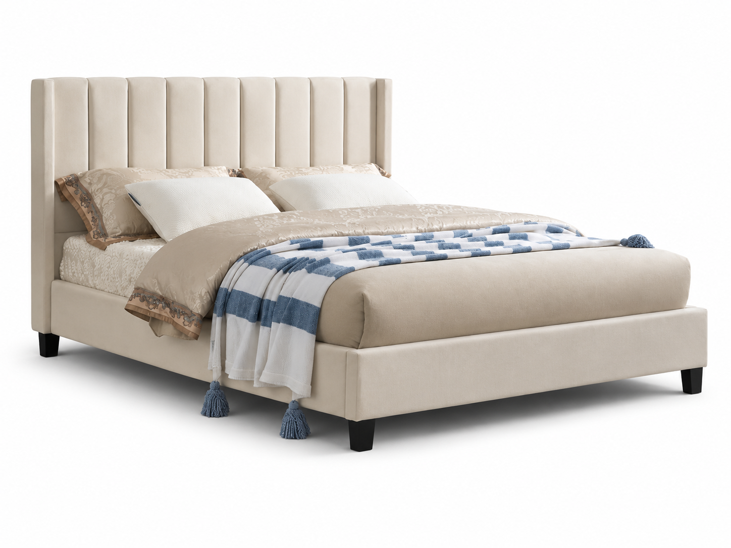 HR2190 Velvet Platform Bed in Off-White with a deep panel tufted headboard and modern platform frame.