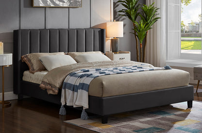HR2190 Velvet Platform Bed in Charcoal with a deep panel tufted headboard and modern platform frame.