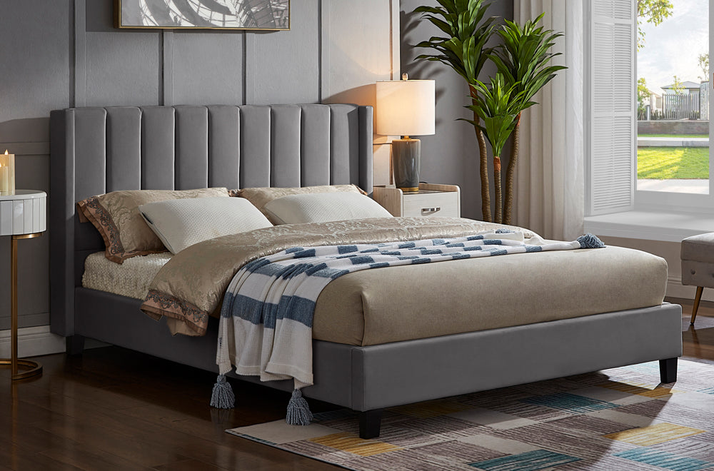 HR2190 Velvet Platform Bed in Grey with a deep panel tufted headboard and modern platform frame.