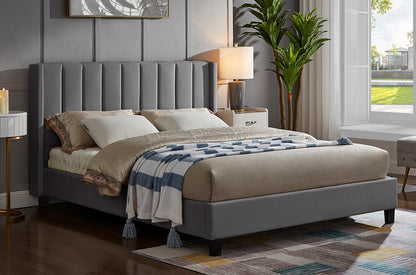 HR2190 Velvet Platform Bed in Grey with a deep panel tufted headboard and modern platform frame.