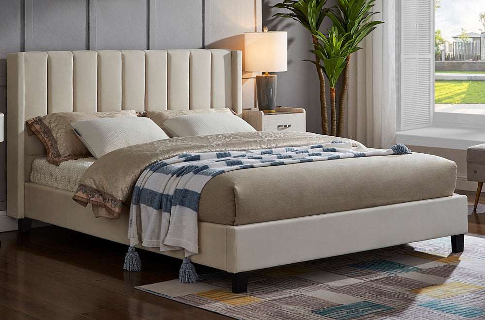 HR2190 Velvet Platform Bed in Off-White with a deep panel tufted headboard and modern platform frame.