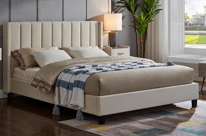HR2190 Velvet Platform Bed in Off-White with a deep panel tufted headboard and modern platform frame.