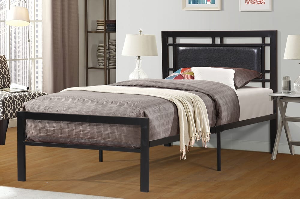HR2201 black modern metal platform bed with padded leatherette headboard