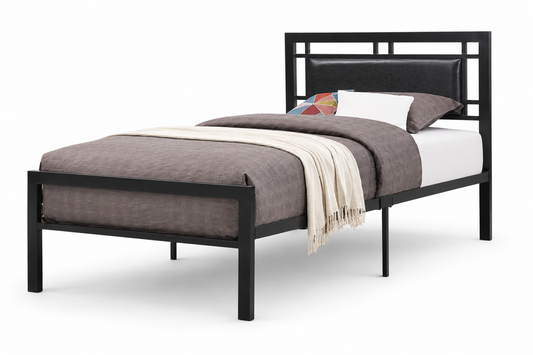 HR2201 black modern metal platform bed with padded leatherette headboard