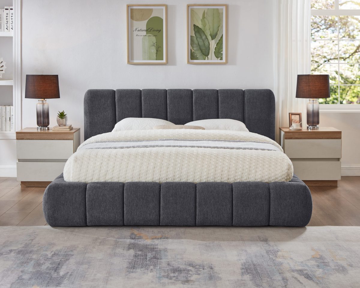 HR2240 Grey Chenille Channel-Tufted Platform Bed