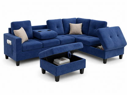 HR2300 Reversible Velvet Sectional Sofa in Blue with storage chaise, storage ottoman, built-in cup holders, and side storage pocket.
