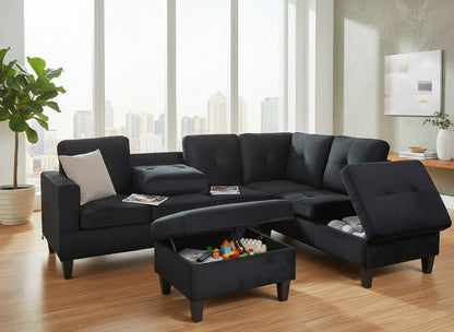 HR2300 Reversible Velvet Sectional Sofa in Black with storage chaise, storage ottoman, and built-in cup holder console.