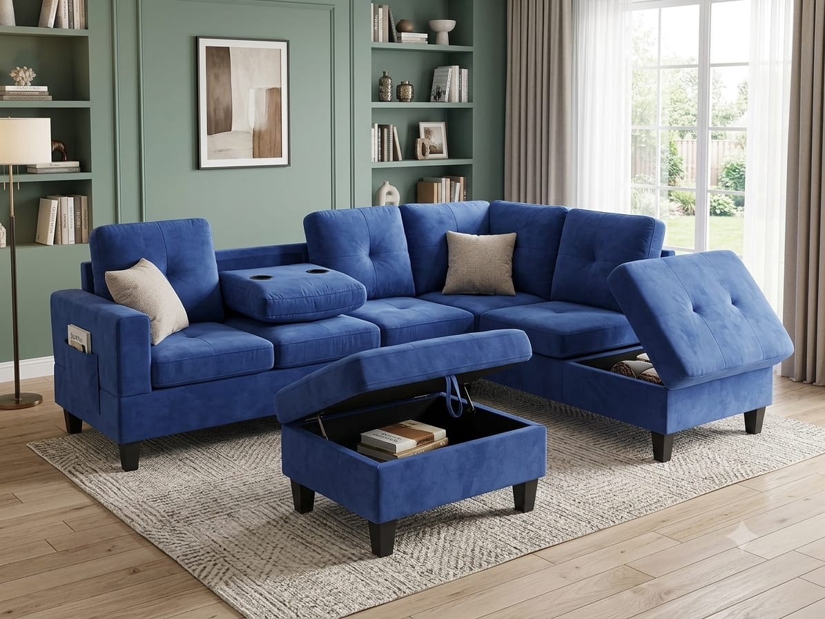 HR2300 Reversible Velvet Sectional Sofa in Blue with storage chaise, storage ottoman, built-in cup holders, and side storage pocket.
