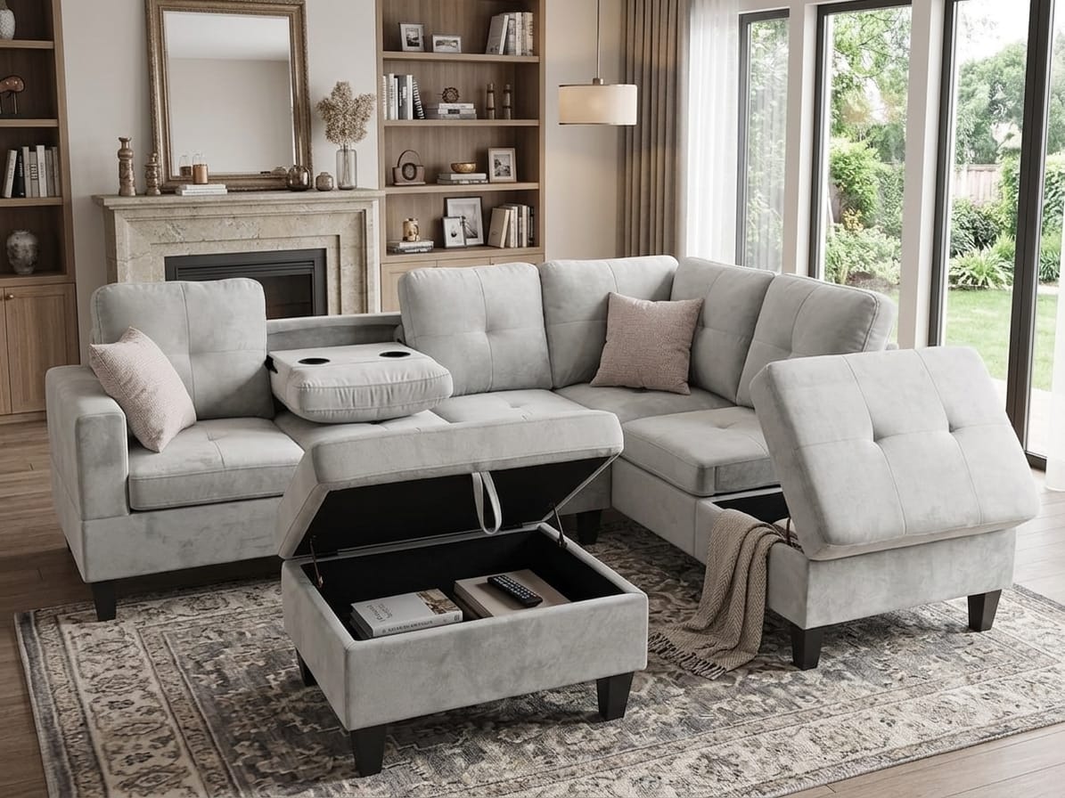 HR2300 Reversible Velvet Sectional Sofa in Light Grey with storage chaise, storage ottoman, and built-in cup holder console.