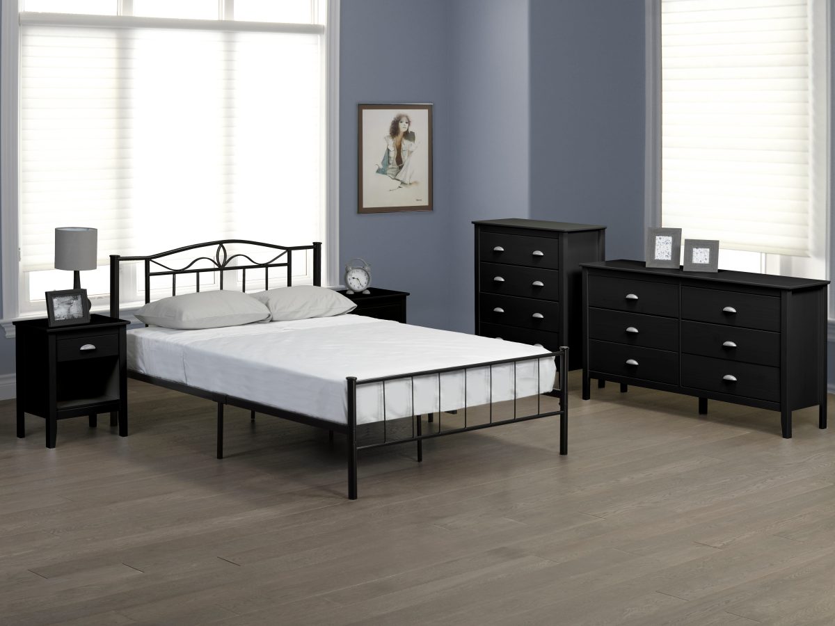 HR2310 Black Metal Platform Bed with Curved Headboard and Vertical Slats
