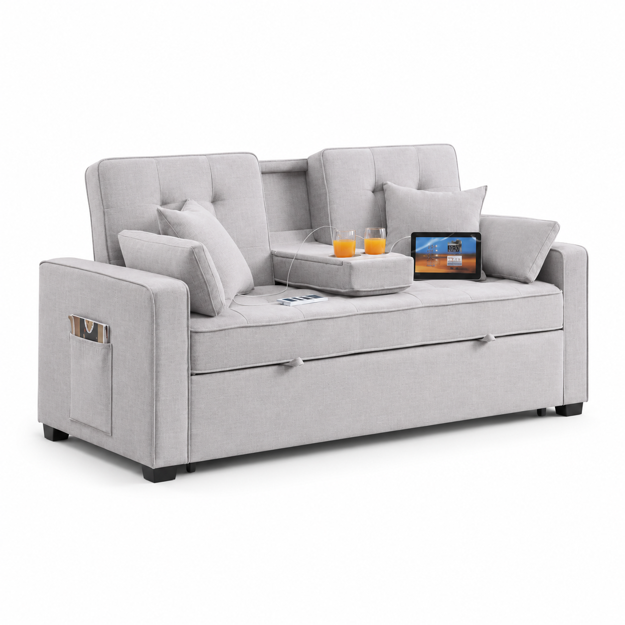 HR2330 3-in-1 Convertible Sleeper Sofa Bed in Beige with pull-out bed, adjustable backrest, USB charging ports, cup holders, and side storage pockets.