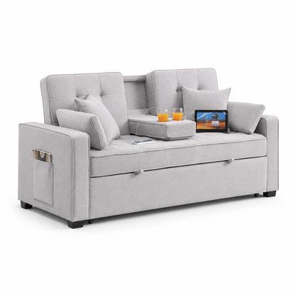 HR2330 3-in-1 Convertible Sleeper Sofa Bed in Beige with pull-out bed, adjustable backrest, USB charging ports, cup holders, and side storage pockets.