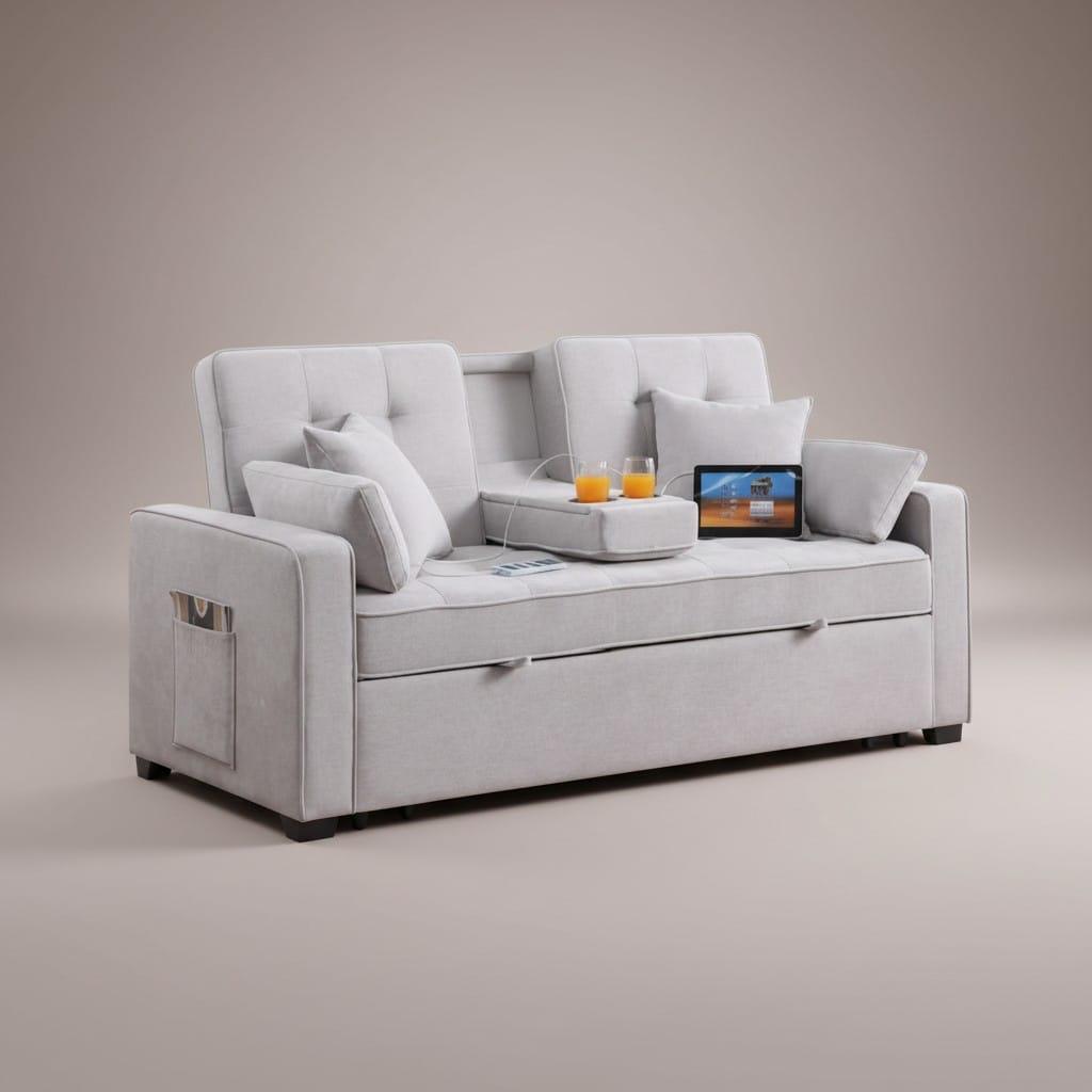 HR2330 3-in-1 Convertible Sleeper Sofa Bed in Beige with pull-out bed, adjustable backrest, USB charging ports, cup holders, and side storage pockets.