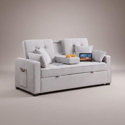 HR2330 3-in-1 Convertible Sleeper Sofa Bed in Beige with pull-out bed, adjustable backrest, USB charging ports, cup holders, and side storage pockets.