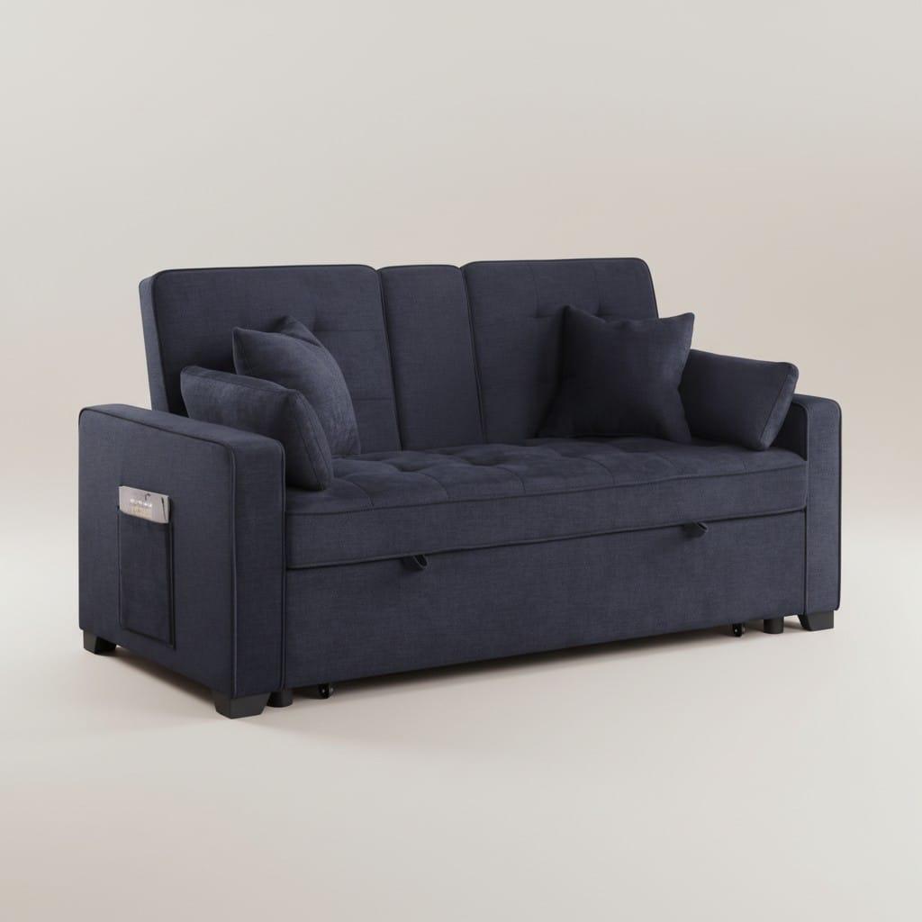 HR2330 3-in-1 Convertible Sleeper Sofa Bed in Dark Grey with pull-out bed, adjustable backrest, USB charging ports, cup holders, and side storage pockets.