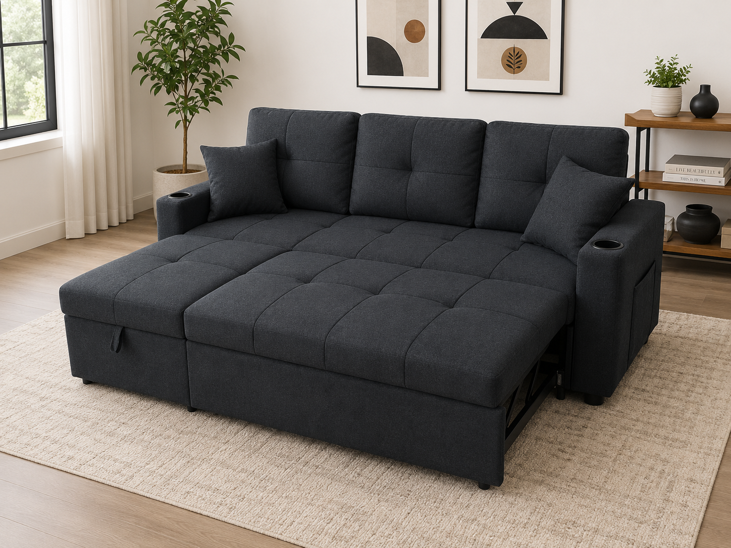 HR2340 Reversible Charcoal Linen Sectional Sofa Bed with hidden storage, pull-out bed, and built-in cup holders.