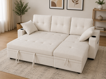 HR2340 Reversible Cream Linen Sectional Sofa Bed with hidden storage, pull-out bed, and built-in cup holders.