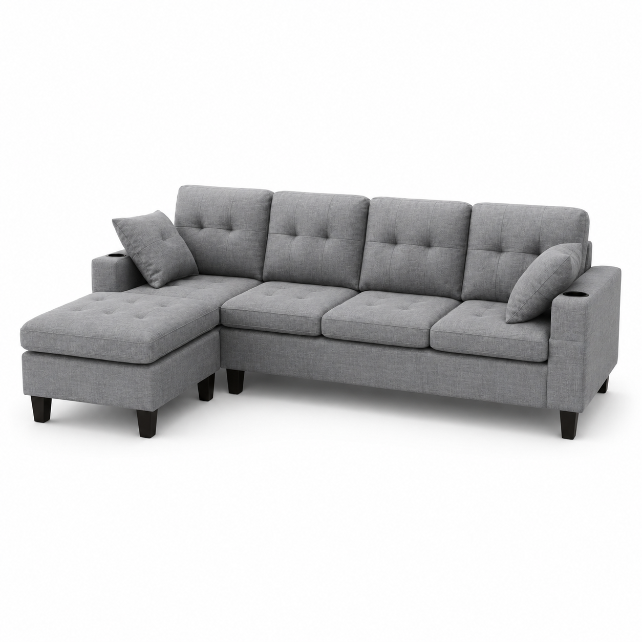 HR2350 Modern Grey Linen L-Shape Sectional Sofa with built-in cup holders.