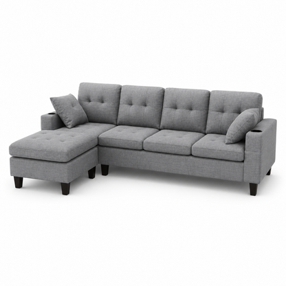 HR2350 Modern Grey Linen L-Shape Sectional Sofa with built-in cup holders.