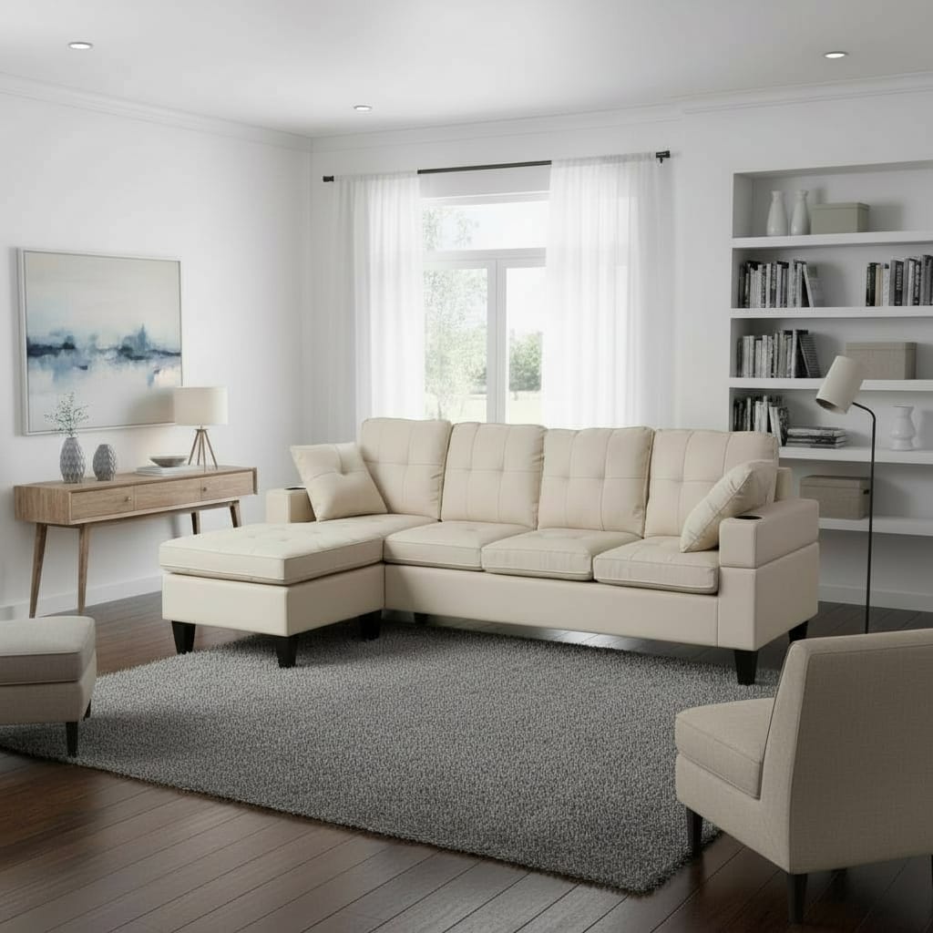 HR2350 Modern Beige Linen L-Shape Sectional Sofa with built-in cup holders.